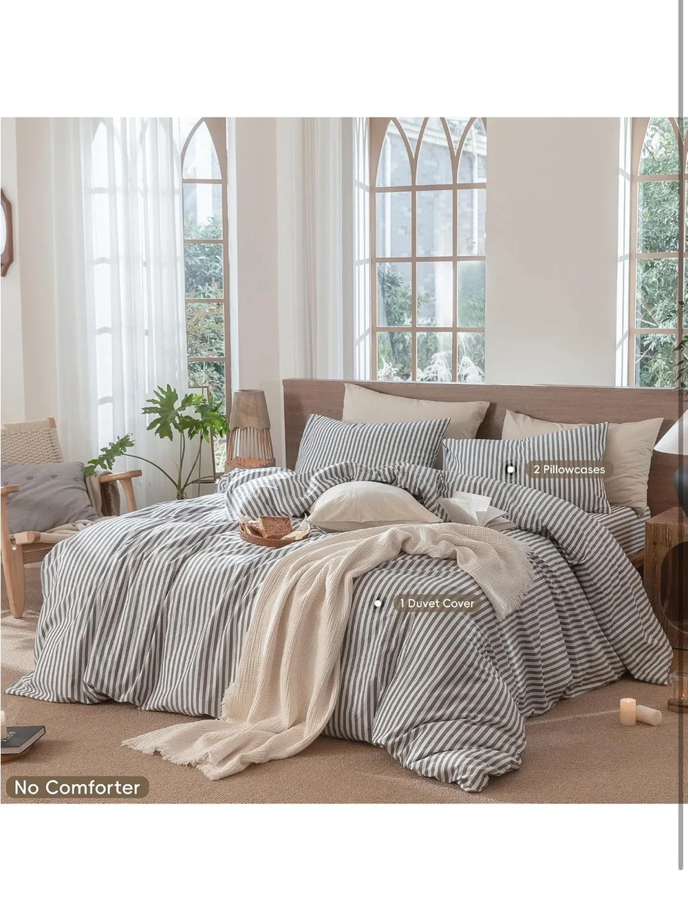 NEW MooMee Classic Striped Duvet Cover Set 100% Washed Cotton Linen Like Texture